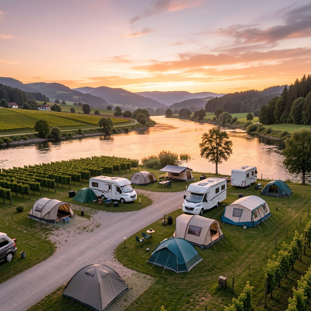 Campingplatz direkt am Moselufer mit Zelten und Wohnmobilen, Weinberg im Hintergrund, romantische Abenddämmerung über dem Fluss