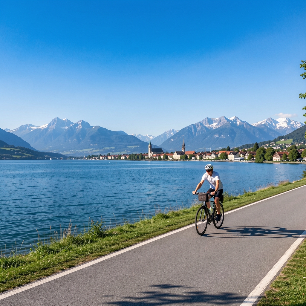 Panoramablick auf den Bodensee bei strahlend blauem Himmel, Radfahrer auf dem asphaltierten Uferpfad mit Blick auf Konstanz und die Alpen