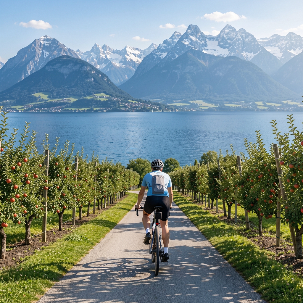 Radfahrer auf dem Bodensee-Rundweg mit Blick auf den tiefblauen Bodensee, Alpen im Hintergrund, gepflegter Radweg durch Obstgärten