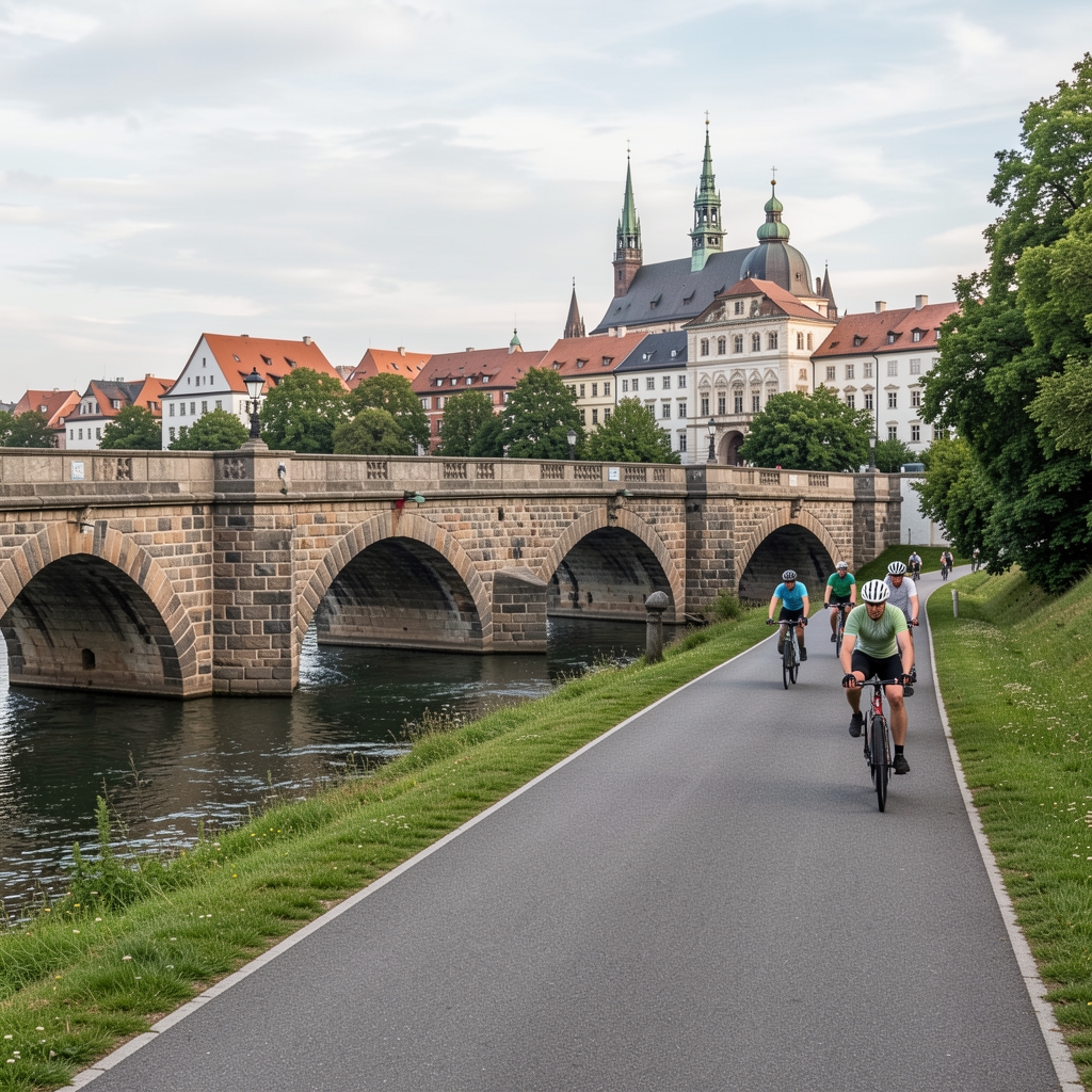Donauradweg bei Kloster Weltenburg, enge Felsschlucht mit türkisblauem Wasser, Klostergebäude mit Barockturm zwischen Felsen, Radfahrer im Vordergrund
