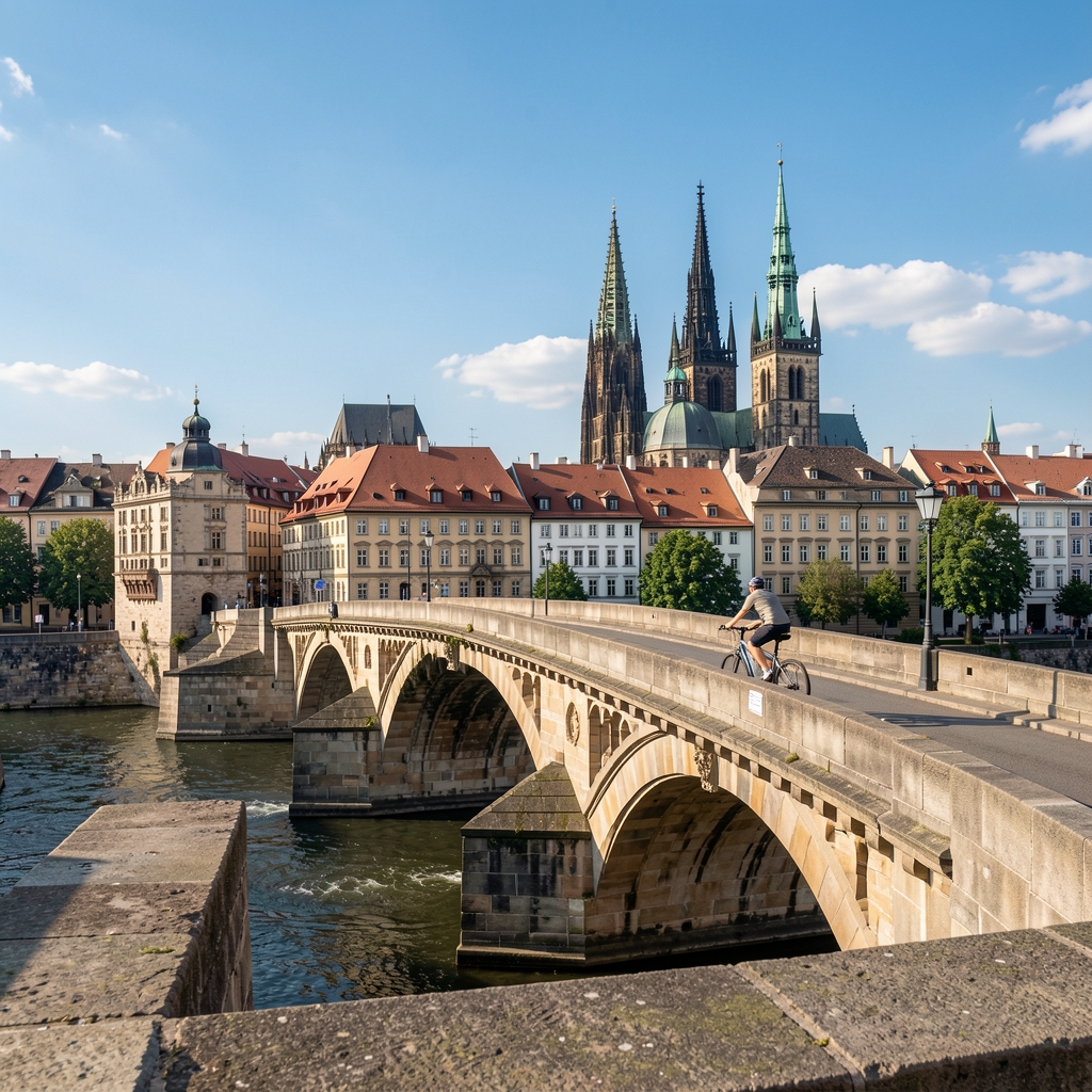 Regensburg Steinerne Brücke über die Donau, historische romanische Bogenbrücke, Radfahrer überquert die Brücke, Dom und Altstadt im Hintergrund, blauer Sommerhimmel