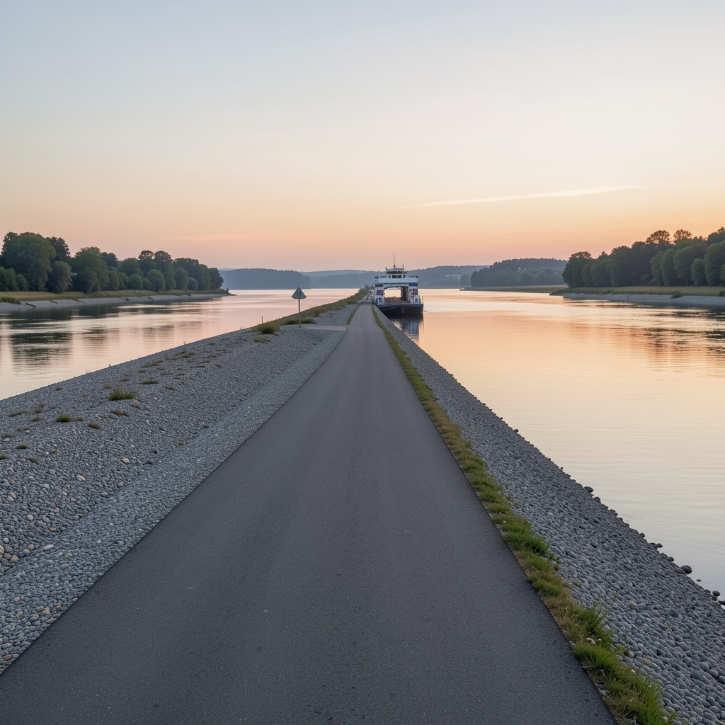 Donauradweg in Bayern bei Straubing, weite Flussauen mit Kieselufern, Flussfähre, ruhige Wasseroberfläche bei Morgendämmerung