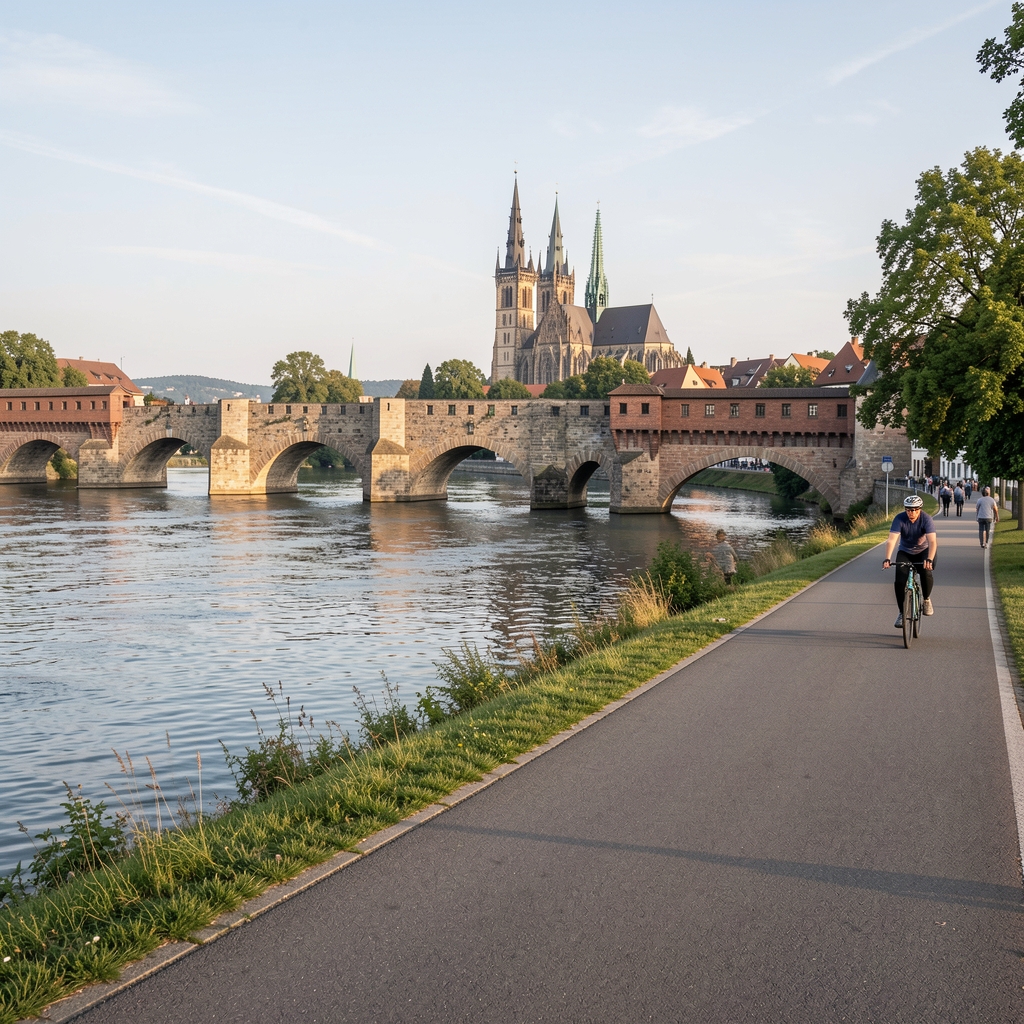 Donauradweg in Bayern bei Regensburg, breite Donau mit historischer Steinbrücke, Radfahrer auf dem asphaltierten Uferpfad, mittelalterlicher Dom im Hintergrund