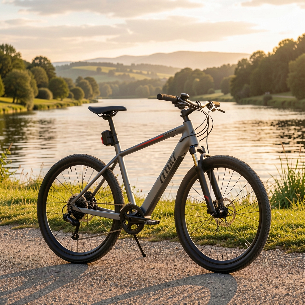 Modernes E-Bike Trekkingrad vor einer deutschen Flusslandschaft, Pedalec mit auffälligem Rahmen und Hinterradmotor, warmes Nachmittagslicht, im Hintergrund Weinberge