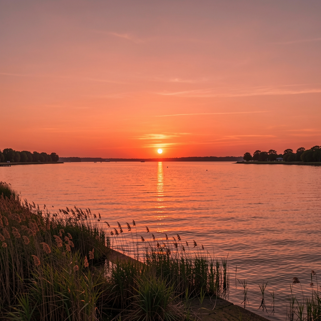 Sonnenuntergang über der Elbe bei Dessau, Wasser leuchtet orange-rot, Schilfgürtel am Ufer, absolute Stille und Weite