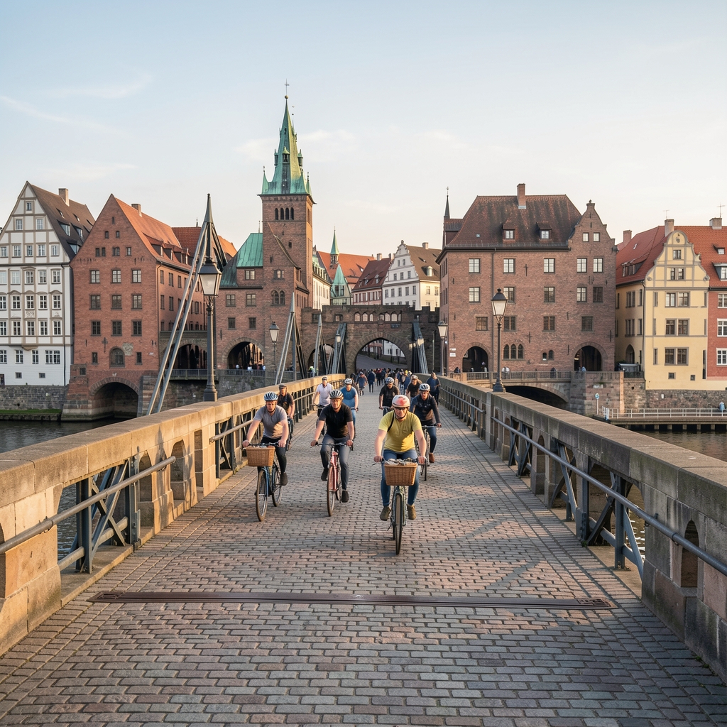 Historische Elbebrücke in Lutherstadt Wittenberg mit Radfahrern die die Brücke überqueren, mittelalterliches Stadtbild im Hintergrund