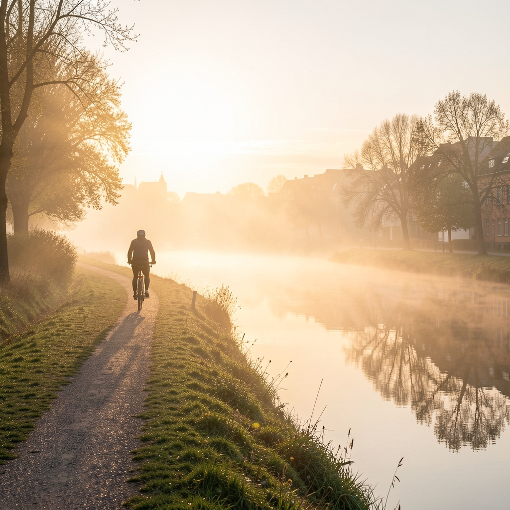 Morgenlicher Elberadweg bei Magdeburg mit Nebel über dem Fluss, einsamer Radfahrer auf dem Deichweg, goldenes Morgenlicht und Spiegelung im Wasser