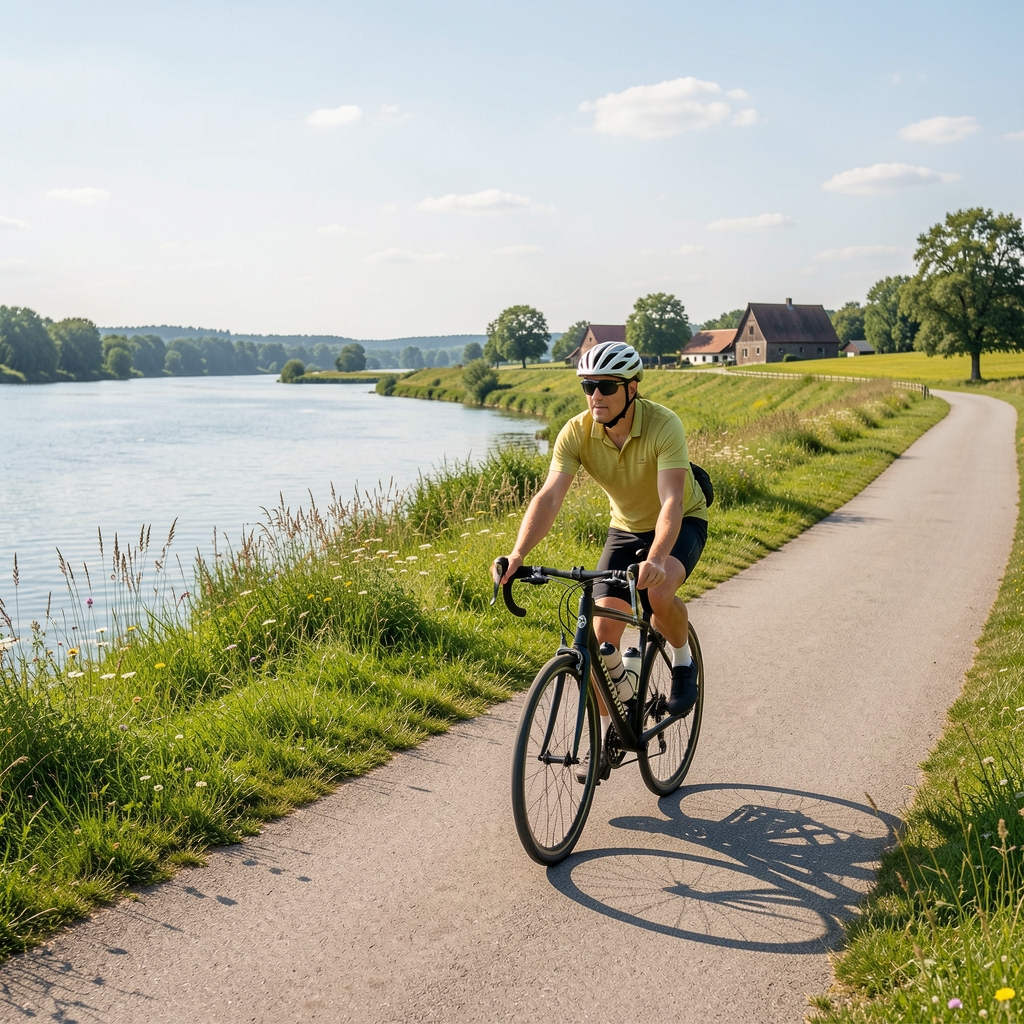 Radfahrer auf dem Elberadweg mit Blick auf die Elbe, Elbwiesen mit sommerlichem Grün, Bauernhöfe im Hintergrund, sonniger Sommertag