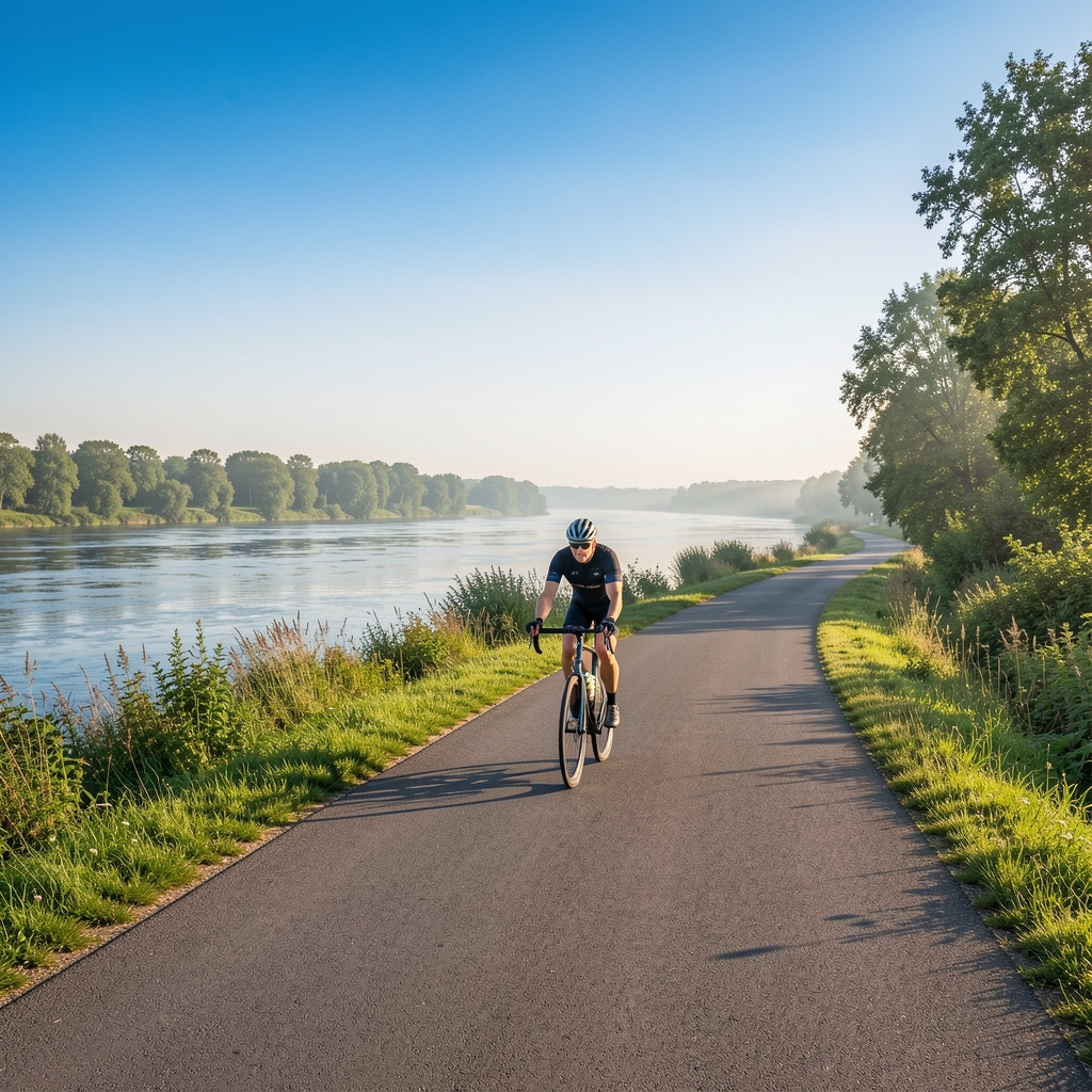 Radfahrer auf einem asphaltierten Fernradweg entlang eines breiten deutschen Flusses im Morgenlicht, grüne Ufervegetation, blauer Himmel