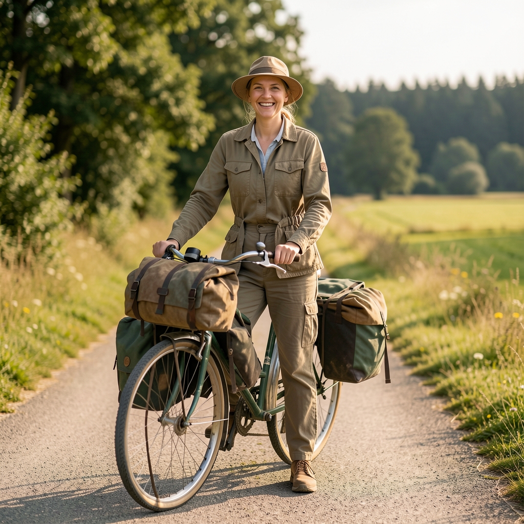 Porträt eines 58-jährigen deutschen Radreisenden mit grauem Bart, Fahrradhelm, sonnengegerbtem Gesicht, freundliches Lächeln, Radtrikot
