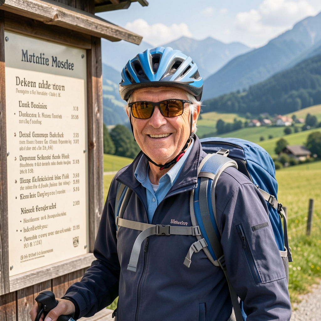 Porträt einer 44-jährigen Radreisenden mit Kurzhaarschnitt und orangefarbener Windjacke, lächelnd vor einer Weinbergskulisse an der Mosel, Fahrrad im Hintergrund