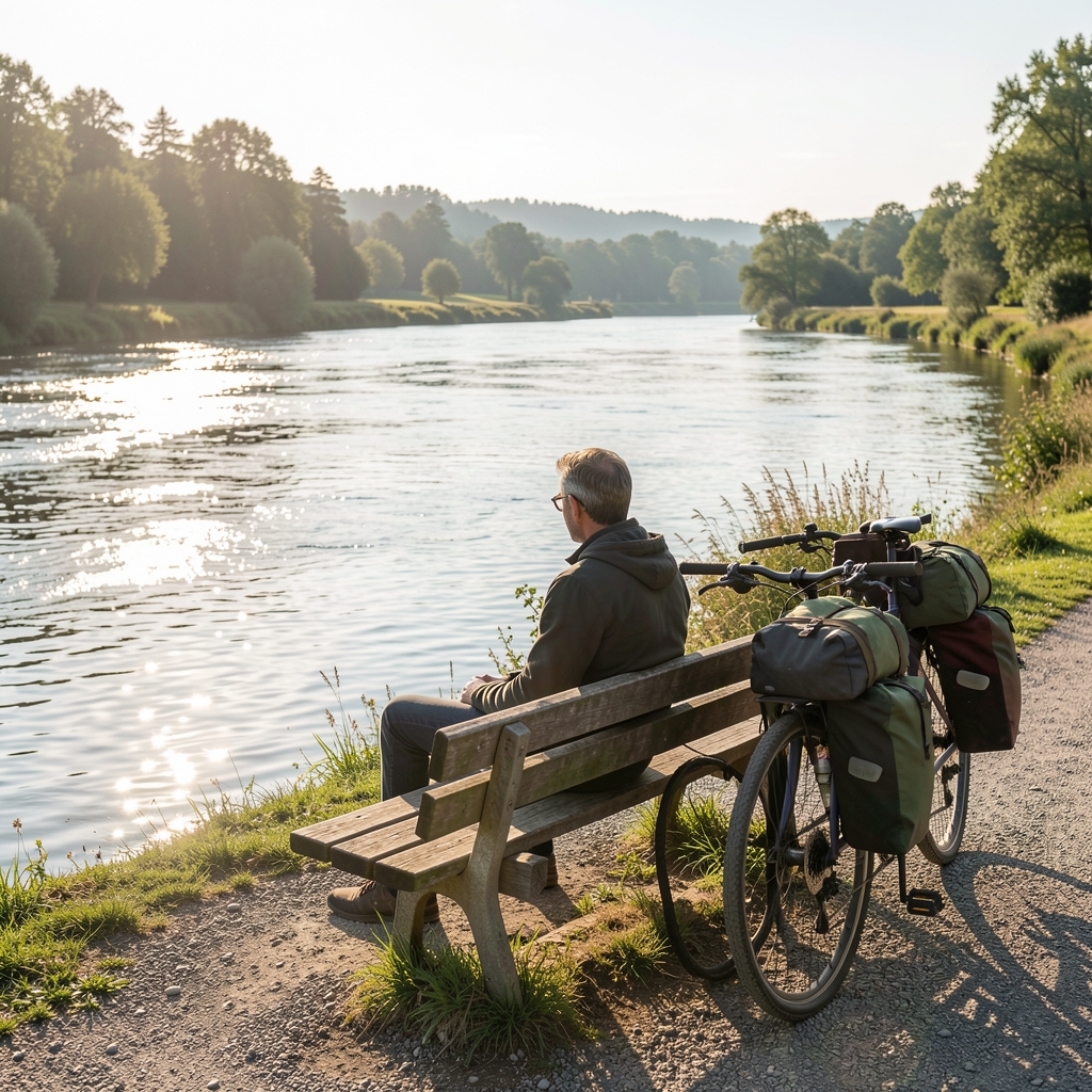 Zwei Radreisende pausieren am Flussufer auf einer Bank, vollbepackte Tourenräder daneben, entspannte Atmosphäre, Sonnenlicht auf dem Wasser, Fernradweg-Atmosphäre