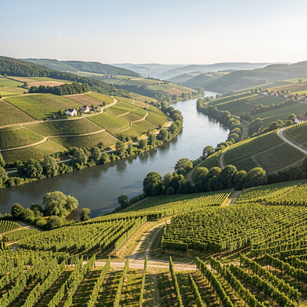 Panoramaaussicht auf das Moseltal mit Weinbergen und dem Fluss von oben, Mittagslicht auf den Rebhängen, Dorf Bremm im Vordergrund