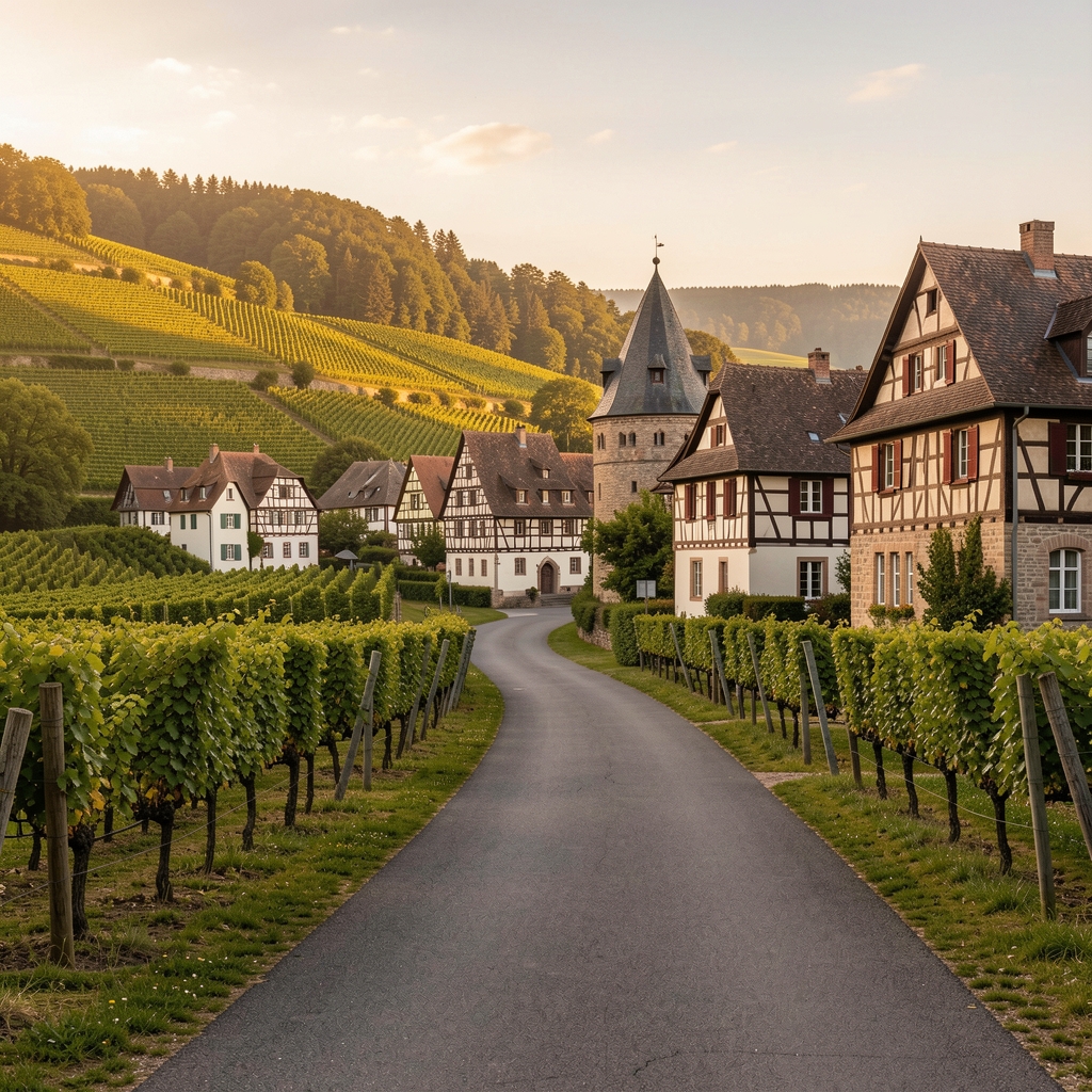 Radweg entlang der Mosel mit Weinbergen an den Hängen, mittelalterliches Dorf mit Fachwerkgebäuden, goldenes Licht am Nachmittag