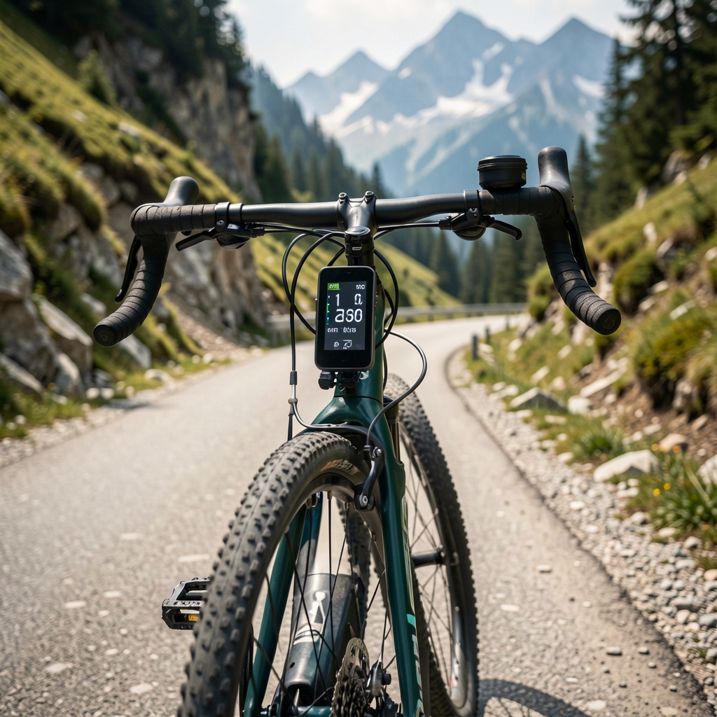 Nahaufnahme eines E-Bike Displays mit Akkuanzeige und Trittfrequenz auf einem Tourenrad bei einer Bergstrecke