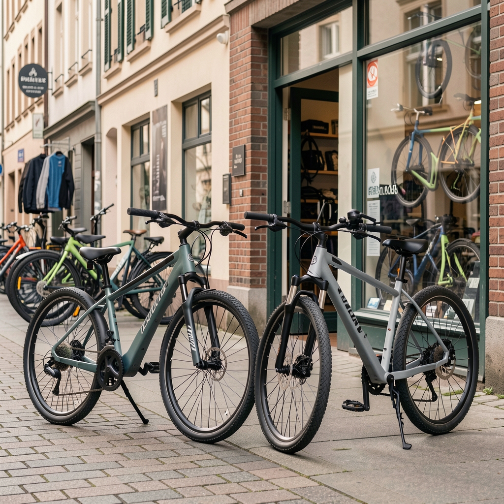 Zwei E-Bikes nebeneinander gestellt vor einem Fahrradladen in einer deutschen Innenstadt, verschiedene Rahmenstile und Akkugrößen im Vergleich