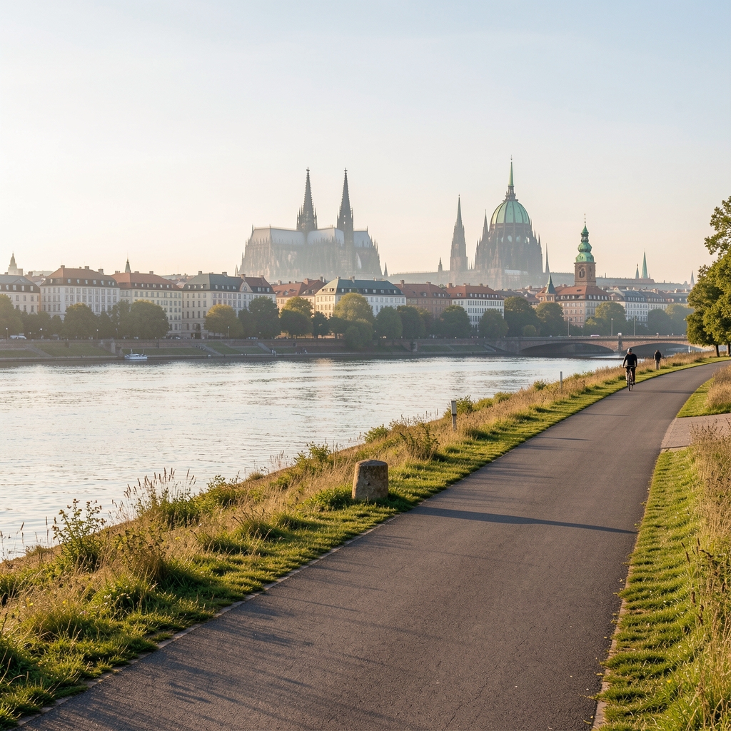 Panoramablick auf den Elberadweg bei Dresden mit der Silhouette der Dresdner Altstadt im Hintergrund und einem Radfahrer auf dem Deich