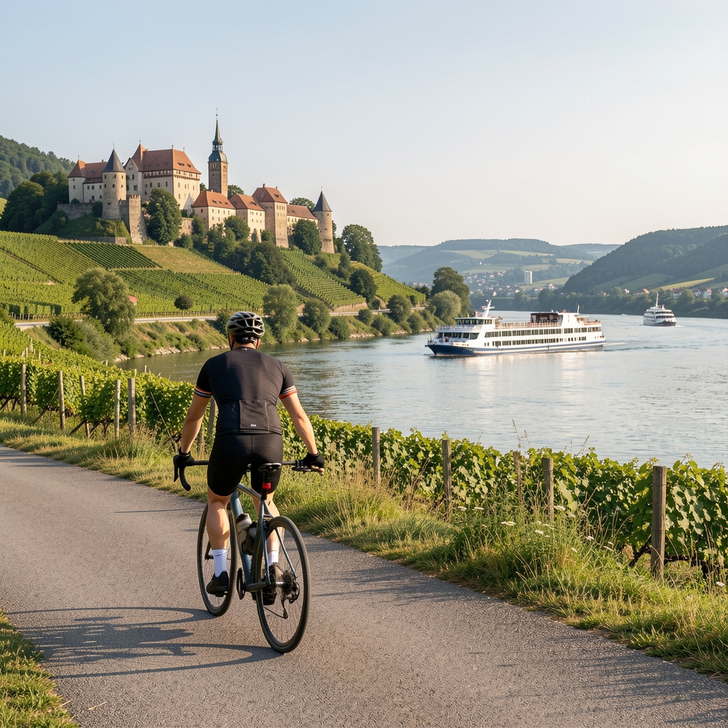 Radfahrer auf dem Rheinradweg mit Blick auf den Rhein, mittelalterliche Burgen auf Hügeln, Weinberge und Schiffe auf dem Fluss