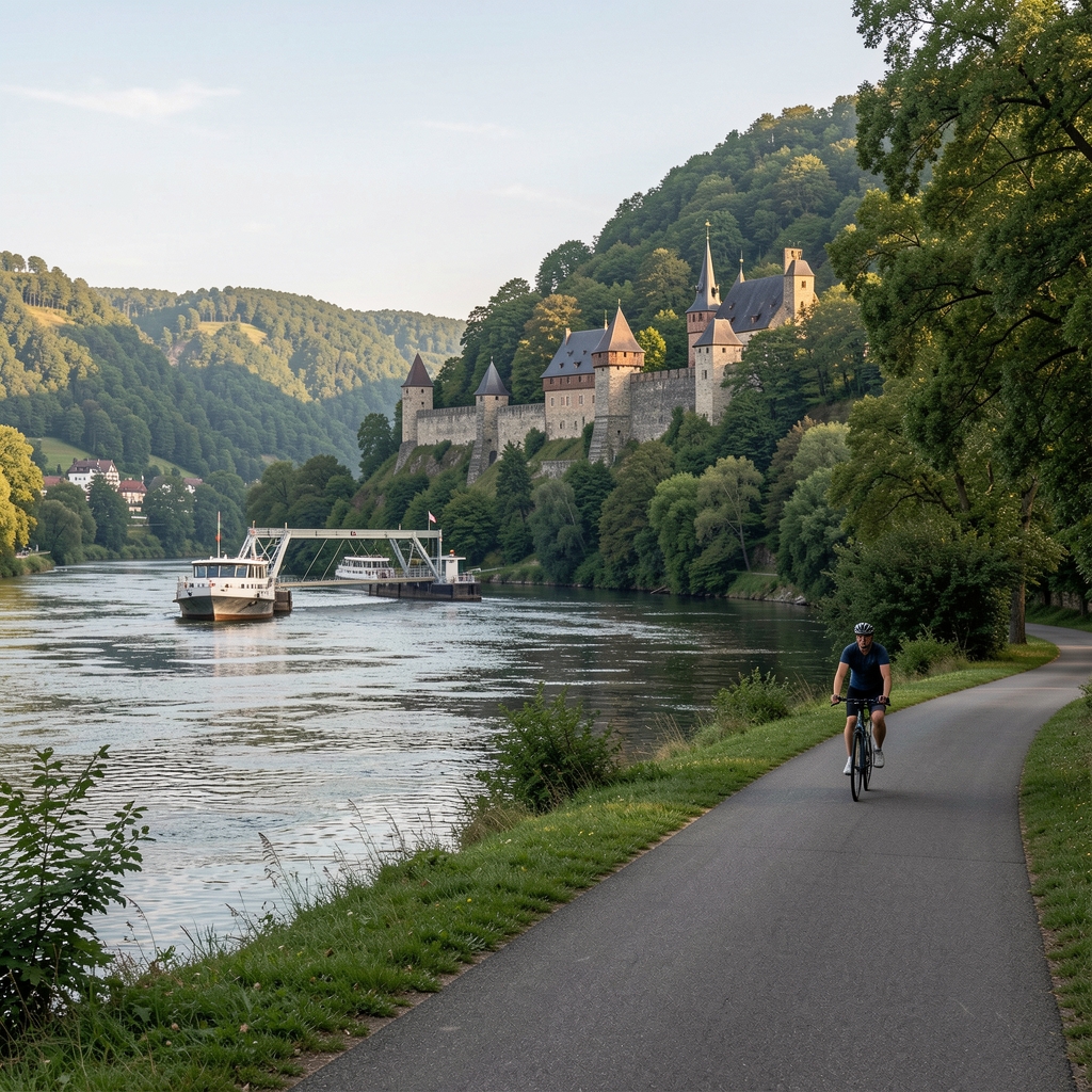 Rheinradweg im Mittelrheintal bei Boppard mit mittelalterlichen Burgruinen auf bewaldeten Hügeln, Fähre auf dem Rhein, Radfahrer auf dem Uferweg