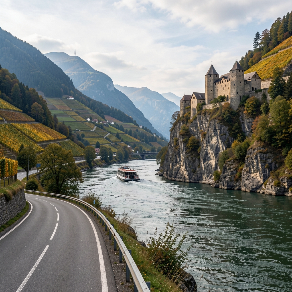 Rheinradweg zwischen Bingen und Rüdesheim, dramatisches Rheintal mit Weinberghängen, mittelalterliche Burgruine auf dem Felsen, Fähre auf dem Rhein
