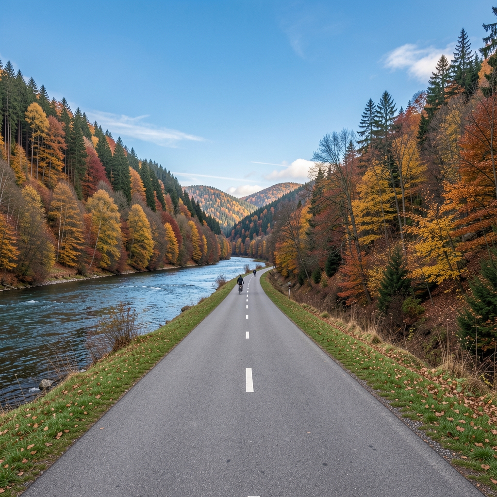 Deutschlandkarte von oben, stilisierte Darstellung mit Flussläufen und Radwegen, grüne Wälder und Felder von oben aus der Vogelperspektive, Sommerstimmung