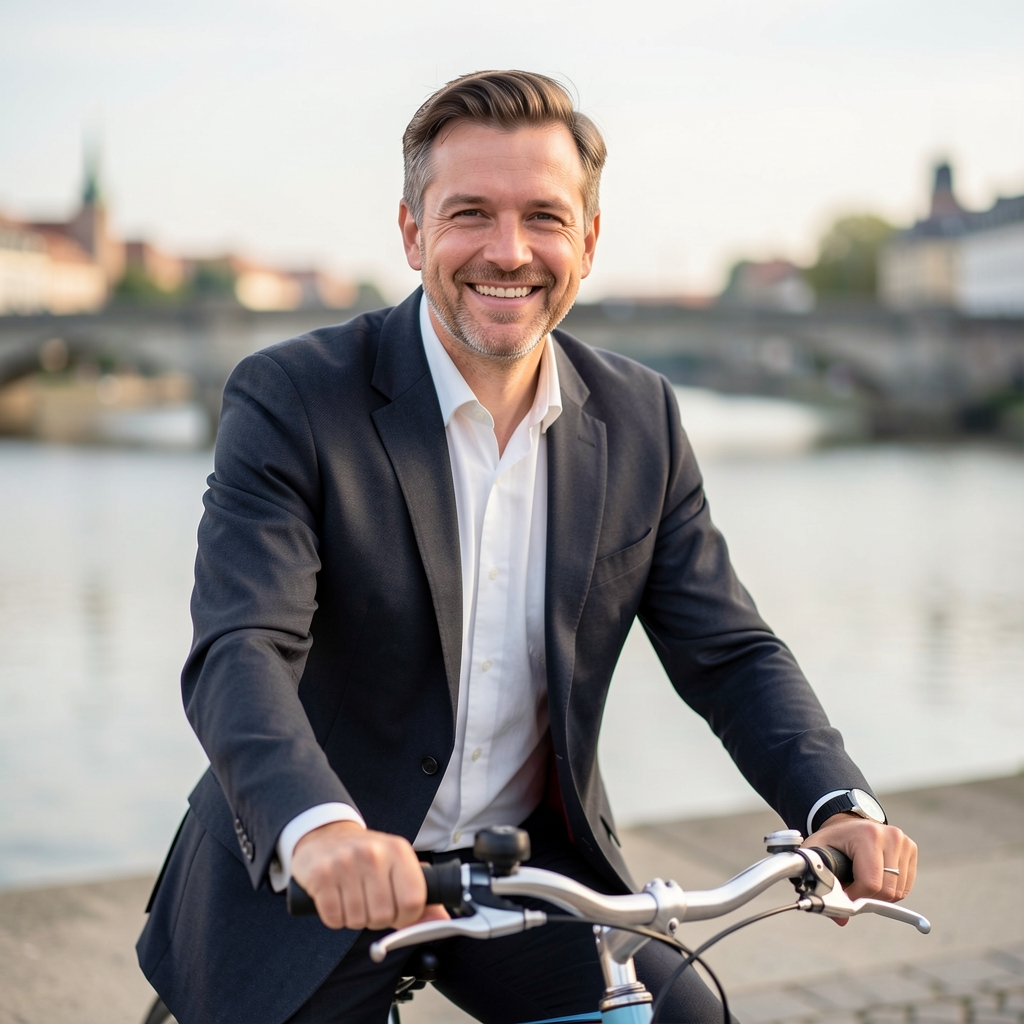 Markus Schreiber, Chefredakteur von Radkulma, mittleres Alter, lächelnd auf einem Fahrrad am Rheinufer in Bonn