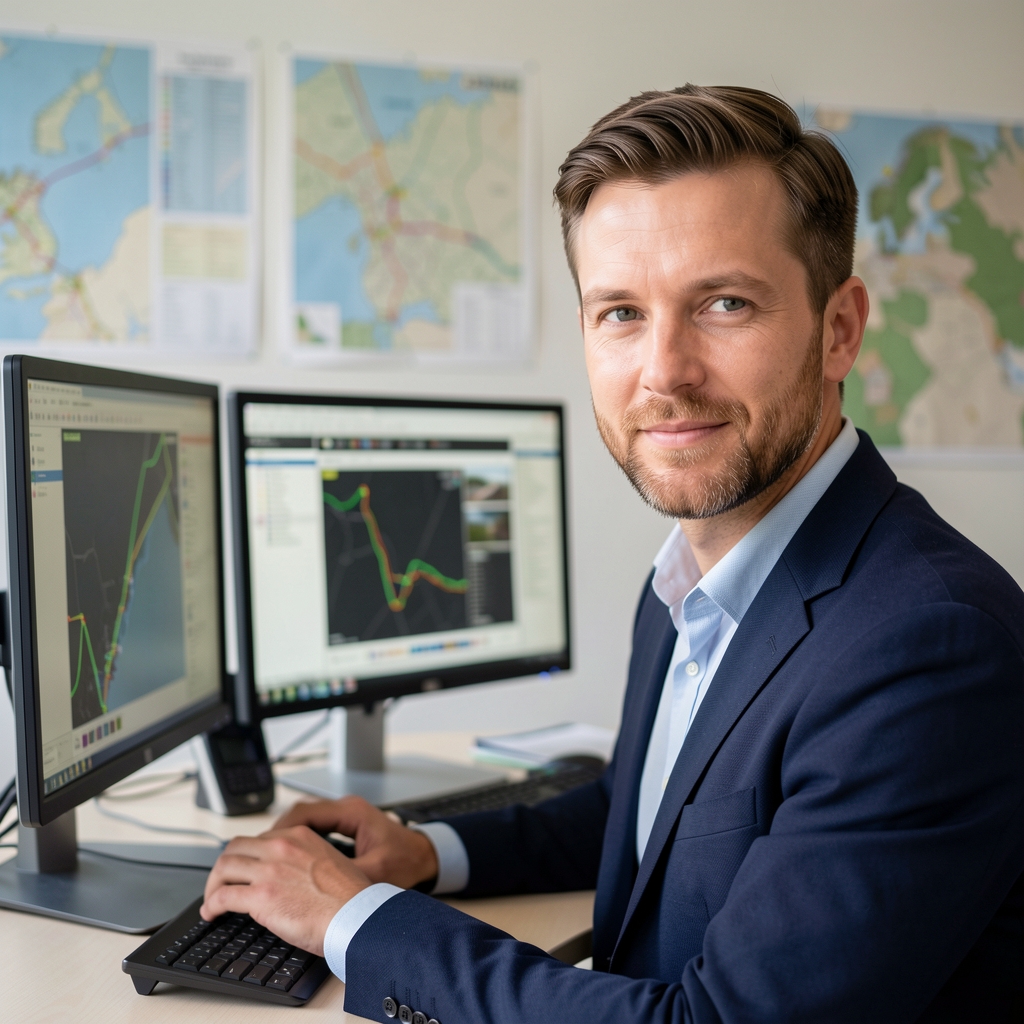 Redakteur von Radkulma analysiert Radweg-GPS-Daten auf zwei Monitoren in einem modernen Büro mit Karten an der Wand