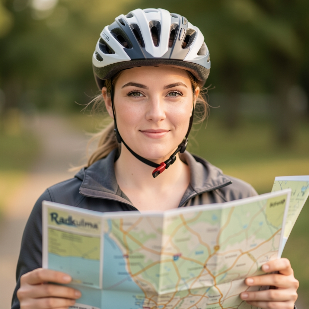 Petra Hoffmann, Datenjournalistin bei Radkulma, junge Frau mit Fahrradhelm im Freien vor einer Karte
