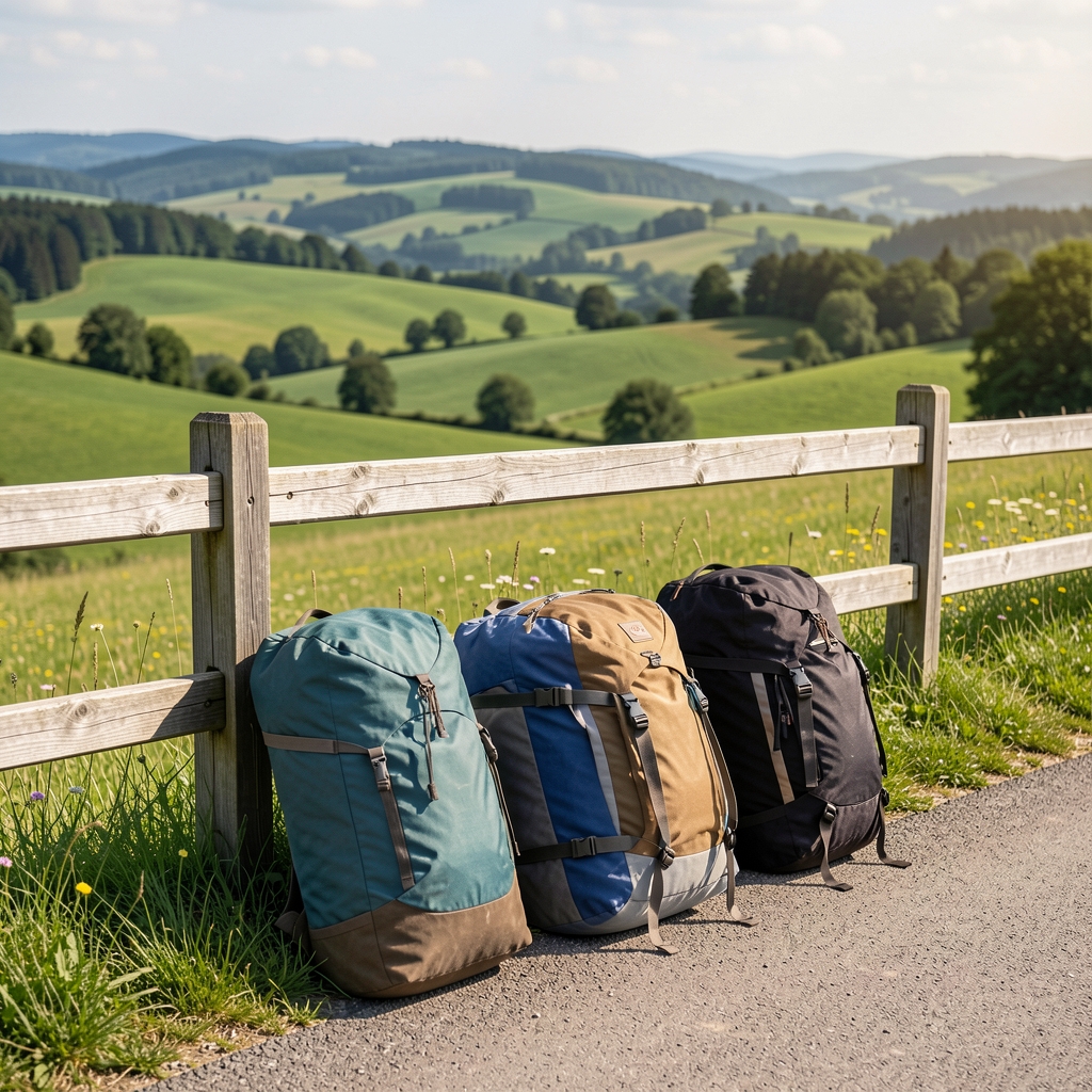 Vollbepacktes Tourenrad mit vier Packtaschen angelehnt an einen Holzzaun auf einem deutschen Fernradweg, grüne Hügellandschaft im Hintergrund, Sommer