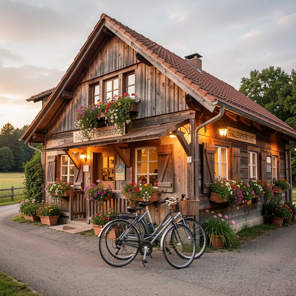 Gemütliche Radlerherberge am deutschen Fernradweg, rustikales Holzgebäude mit Fahrrädern davor abgestellt, blühende Blumenkästen, einladende Atmosphäre am Sommerabend