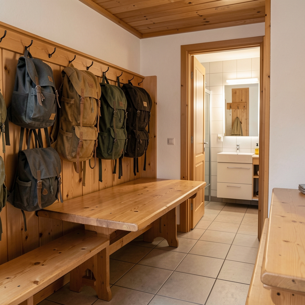 Helles Mehrbettzimmer in einer Radlerherberge mit Holzmöbeln, Satteltaschen an der Wand aufgehängt, sauberes Badezimmer im Hintergrund