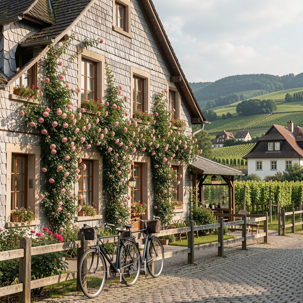 Gemütliche Weinstube und Pension an der Mosel, Schieferfassade mit Rosen bewachsen, Fahrräder am Zaun, Moseldorf mit Weinbergen im Hintergrund